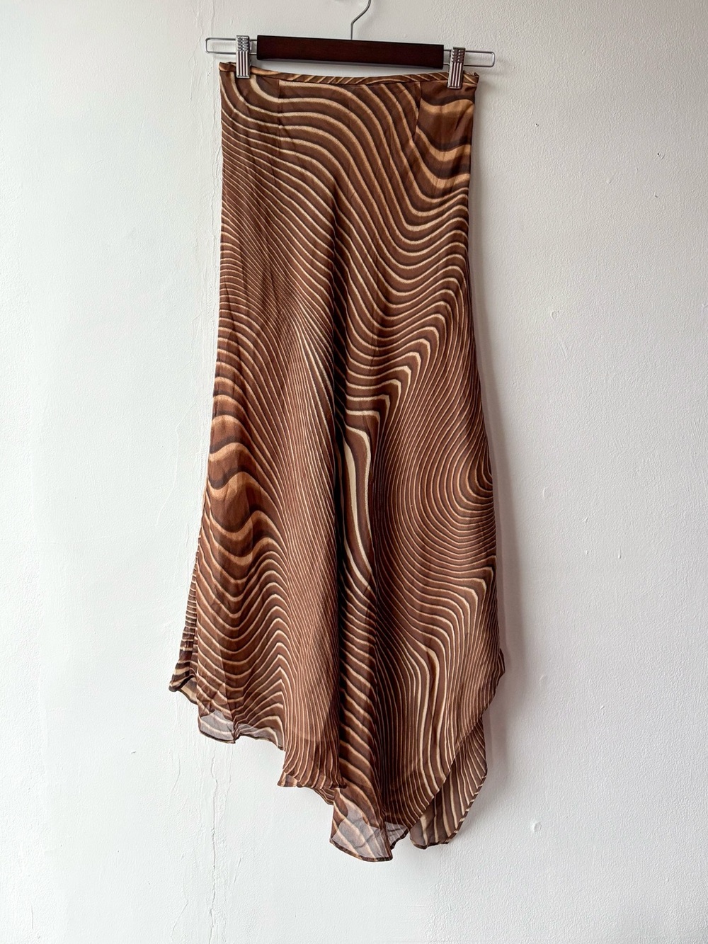 Laurèl 100% silk brown and beige asymmetrical flowy striped boho midi skirt